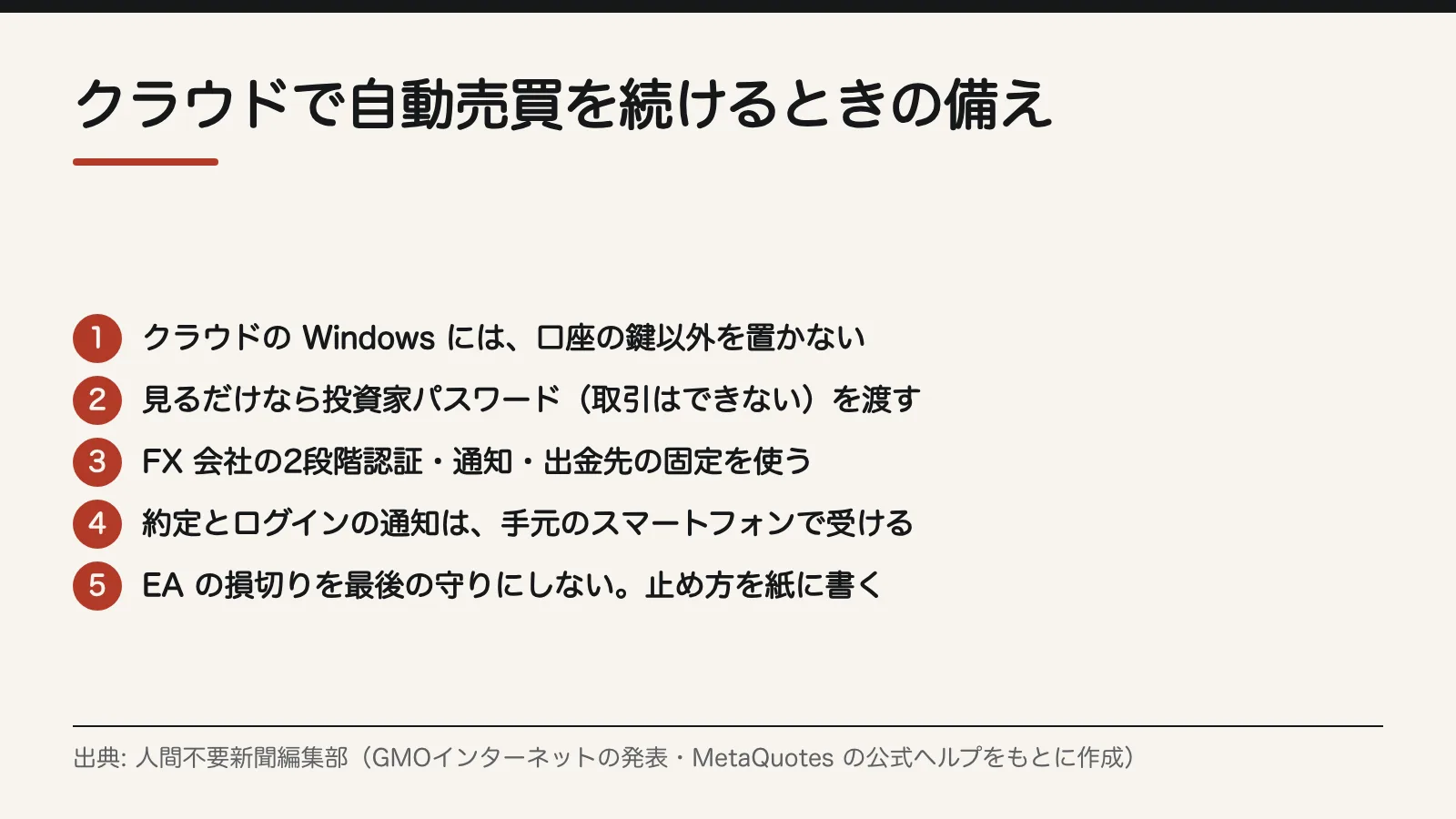 クラウドで自動売買を続けるときの備え