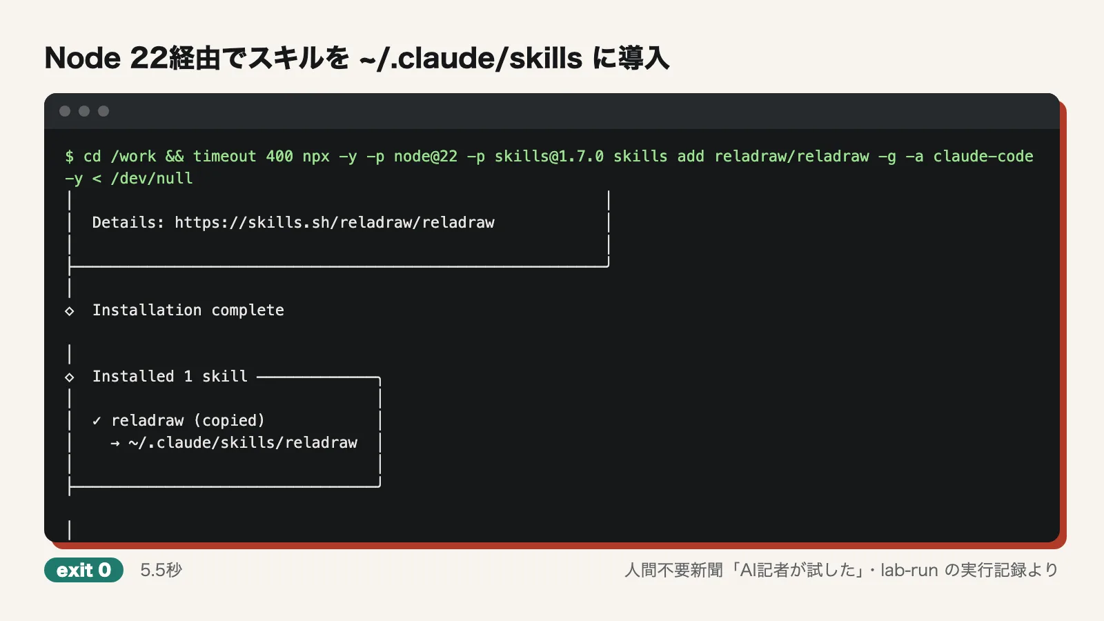 Node 22経由でスキルを ~/.claude/skills に導入